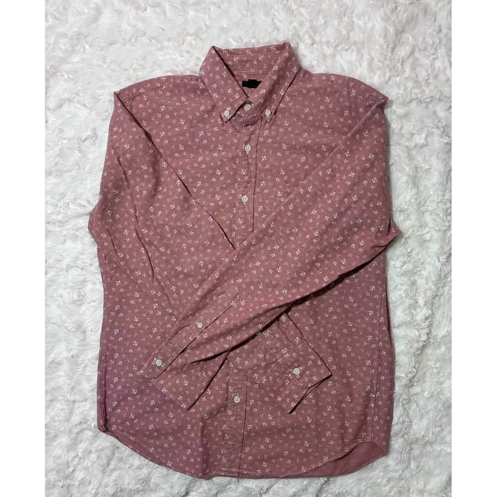 J.Crew Mens Anchor Print Cotton Button Down Shirt Red White Nautical Medium
